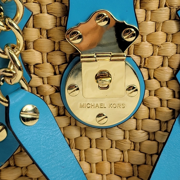 Michael Kors Santorini weave bucket tote wheat blue leather lined rafia straw - Picture 14 of 14